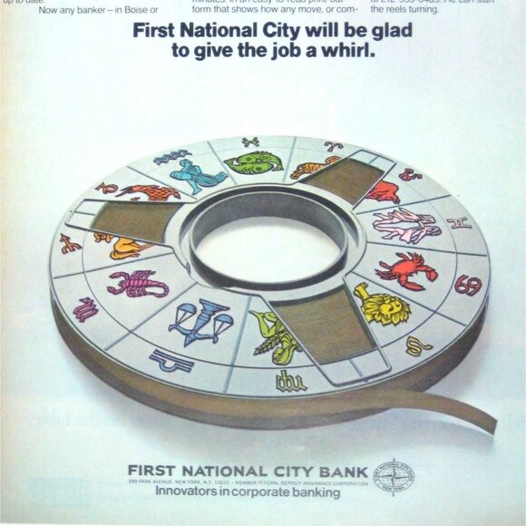 Vintage First National City Bank ADVERT Print 1970 Astrology Sign Computer Reel - Picture 2 of 2